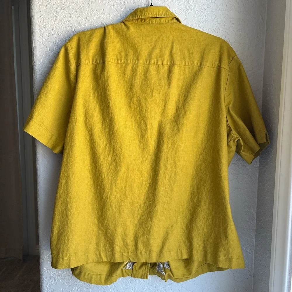 Womens 1X Shirt Mustard Yellow 90s Vintage Linen Blend Collar Embroidered Short - Picture 4 of 6